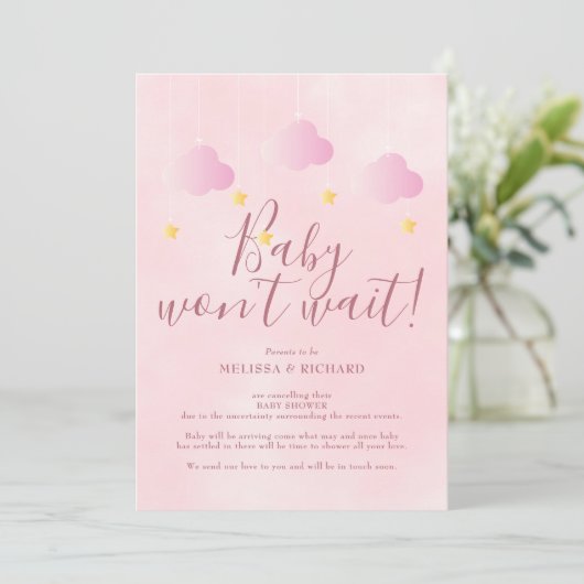 Baby Wont Wachten Roze Baby Meisje Baby shower Kaart (Staand voorkant)