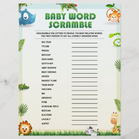 Baby Woord Door Elkaar Baby Shower Spel [Dierenthe Briefhoofd (Voorkant)