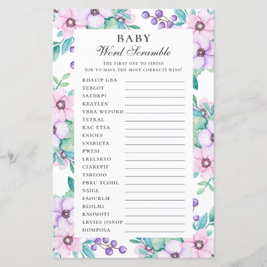 Baby woordscramble. Paars baby shower (Voorkant)