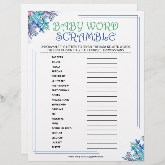Baby Word-kramble [Blauwe Floral] Briefhoofd (Voorkant / Achterkant)