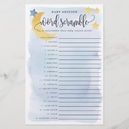 Baby Word-kramble, Blue-over-moon-papiergame Kaart (Voorkant)