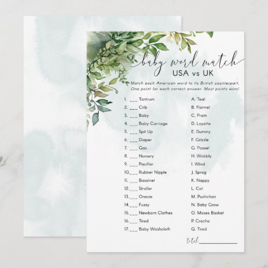 Baby Word Match USA vs UK Green Party Game Kaart (Voorkant / Achterkant)