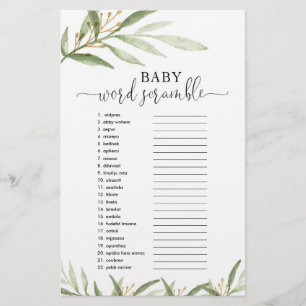 Baby word scramble baby shower game Gold greenery
