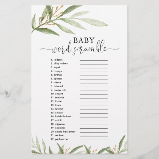Baby word scramble baby shower game Gold greenery (Voorkant)
