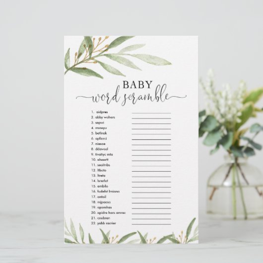 Baby word scramble baby shower game Gold greenery (Staand voorkant)