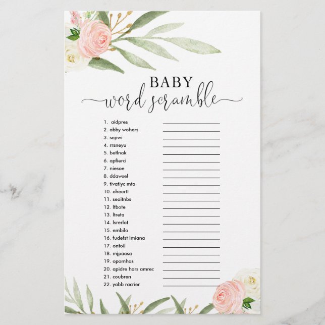 Baby word scramble baby shower game roze groen (Voorkant)