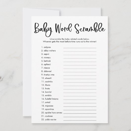 Baby word scramble baby shower game simpel modern kaart (Voorkant)