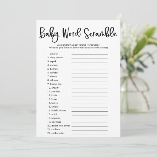 Baby word scramble baby shower game simpel modern kaart (Staand voorkant)