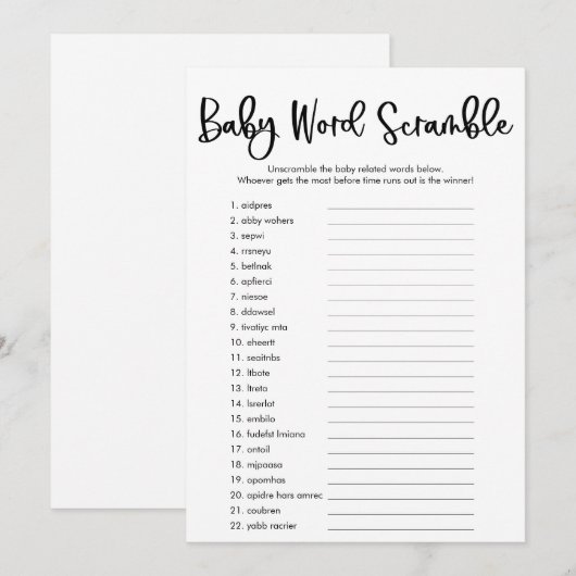 Baby word scramble baby shower game simpel modern kaart (Voorkant / Achterkant)