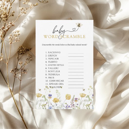 Baby Word Scramble Bee Wildflower Baby shower spel Flyer