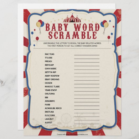 Baby Word Scramble [Circus Theme] Briefhoofd (Voorkant / Achterkant)
