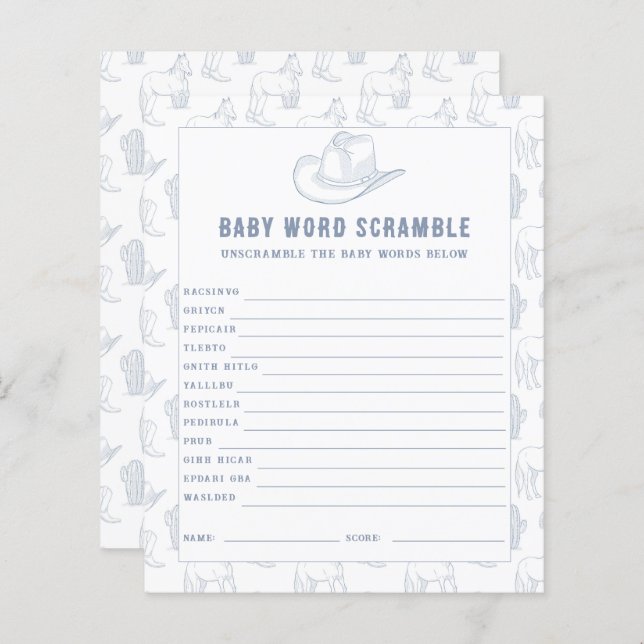 Baby Word Scramble Cowboy Baby shower (Voorkant / Achterkant)