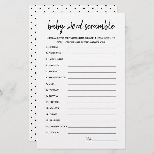 Baby Word Scramble Minimalist Baby shower Game (Voorkant / Achterkant)