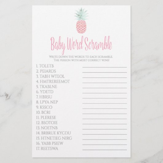 Baby Word Scramble Pineapple Baby shower Game Flyer (Voorkant)