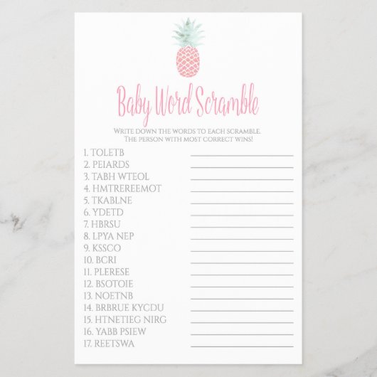 Baby Word Scramble Pineapple Baby shower Game Flyer (Voorkant)