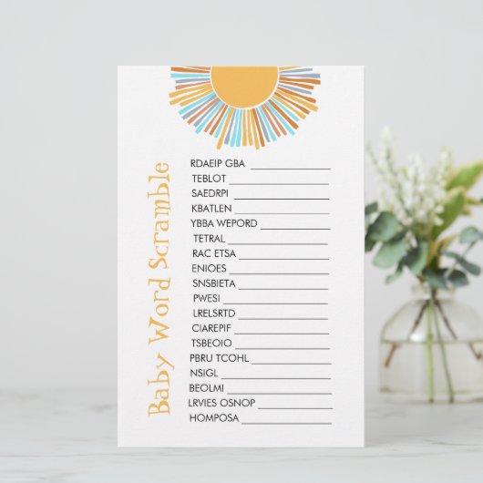 Baby Word Scramble Retro Boho Sun Baby shower spel (Staand voorkant)