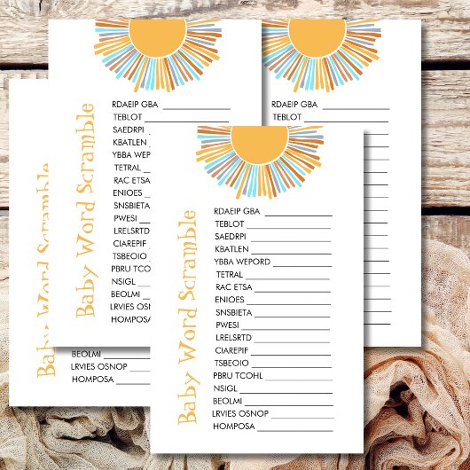 Baby Word Scramble Retro Boho Sun Baby shower spel