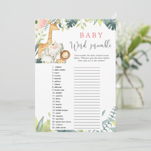 Baby Word Scramble Safari baby shower spel Kaart (Staand voorkant)