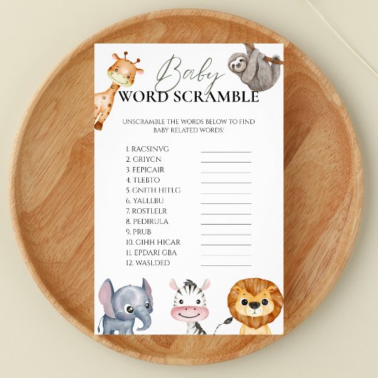 Baby Word Scramble Safari Dieren spel Flyer