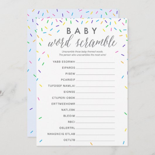 Baby Word Scramble Shower Game Card - Spruiters Programmakaart (Voorkant / Achterkant)