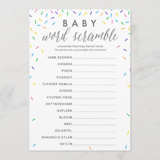 Baby Word Scramble Shower Game Card - Spruiters Programmakaart (Voorkant)