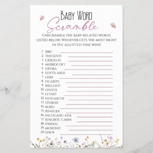 Baby Word Scramble Waterverf Wildfloral Flyer (Voorkant)