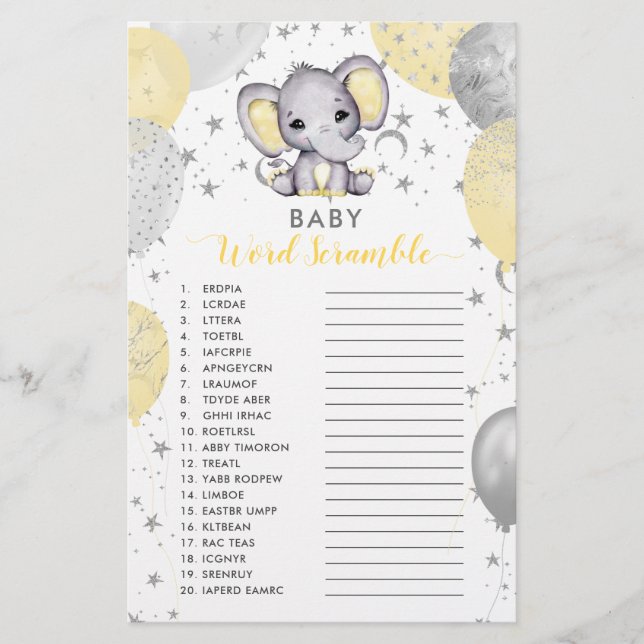 Baby Word Scramble Yellow Elephant Showgame (Voorkant)