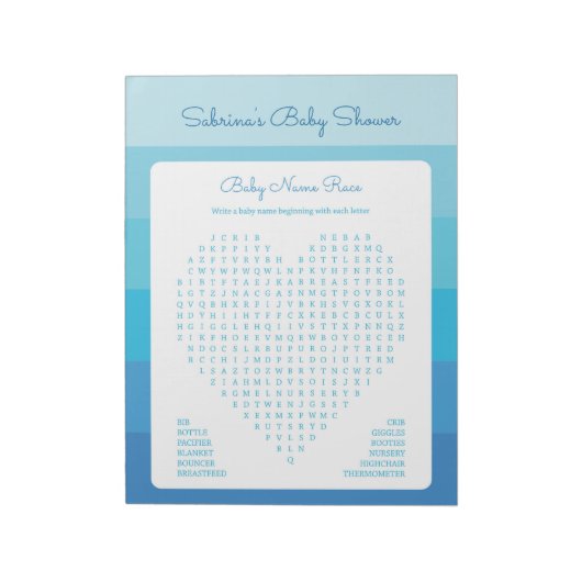 Baby Word Search Blue Ombre Stripes Baby shower Notitieblok (Linkerzijde)