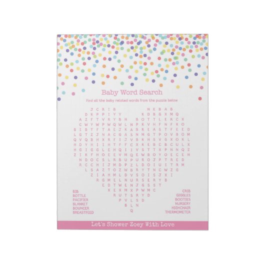 Baby Word Search Confetti Baby shower Game Notitieblok (Linkerzijde)