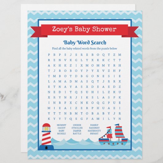 Baby Word Search Nautical Theme Baby shower (Voorkant / Achterkant)