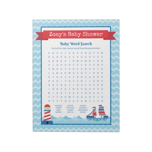 Baby Word Search Nautical Theme Baby shower Game Notitieblok (Linkerzijde)