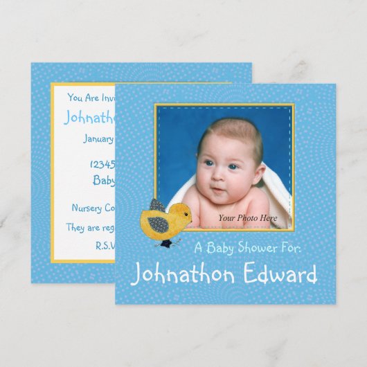 Baby Yellow Chick Blue Photo Baby shower Kaart (Voorkant / Achterkant)