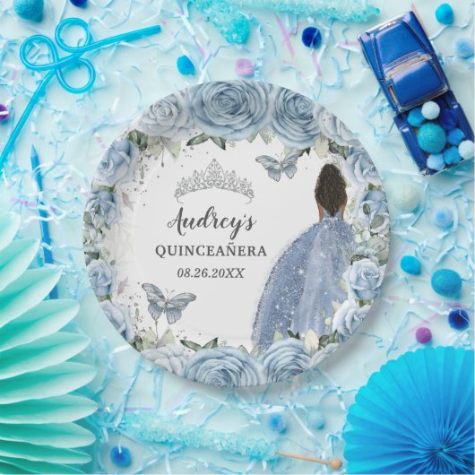 Baby Zachte Blauwe Bloemenvlinders Bruine Prinses Papieren Bordje (Feest)