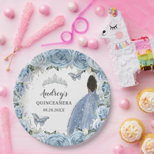 Baby Zachte Blauwe Bloemenvlinders Bruine Prinses Papieren Bordje (Feest)