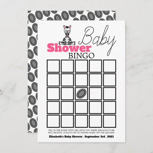 Baby Zebra, Baby shower Bingo (Voorkant / Achterkant)
