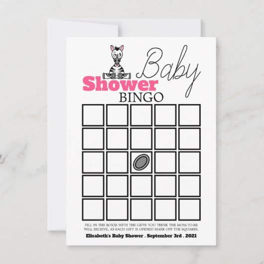 Baby Zebra, Baby shower Bingo (Voorkant)