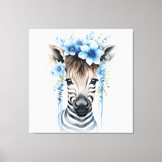 Baby Zebra - Blauwe bloemkroon Canvas Afdruk (Voorkant)