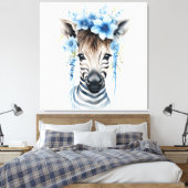 Baby Zebra - Blauwe bloemkroon Canvas Afdruk (Insitu (Slaapkamer))