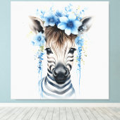 Baby Zebra - Blauwe bloemkroon Canvas Afdruk (Insitu (Houten vloer))