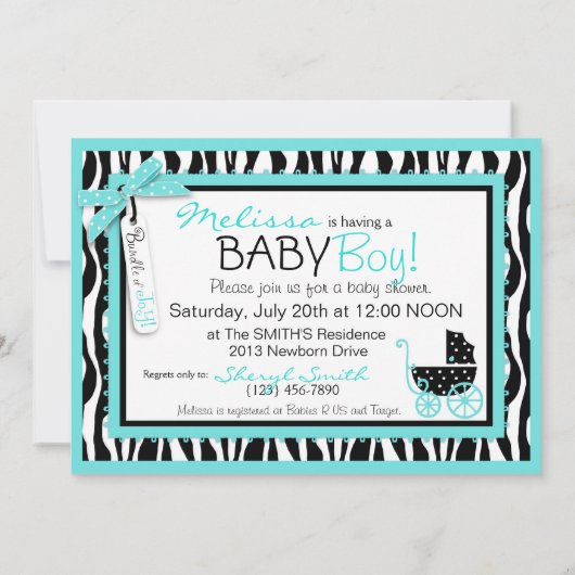 Baby-, Zebra- en Turquoise-Baby shower Kaart (Achterkant)
