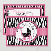 Baby-, Zebra- en warmroze Baby shower Kaart (Voorkant / Achterkant)