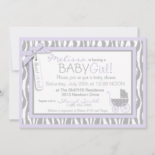 Baby, Zebra Print & Lavender Baby shower Kaart (Achterkant)