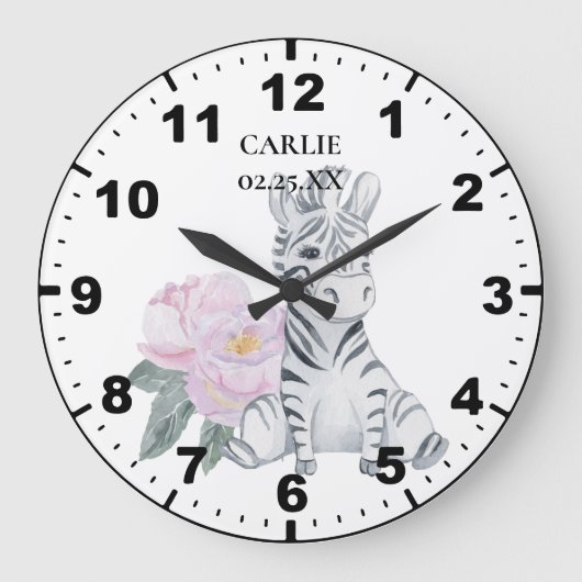 Baby Zebra Roze Bloemen Baby Meisje Grote Klok (Voorkant)