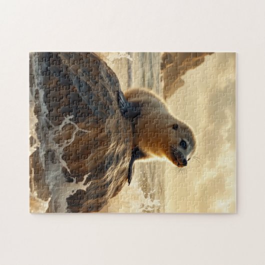 Baby Zee Lion bij zonsondergang Legpuzzel (Horizontaal)