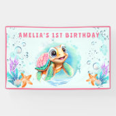 Baby Zee Schildpad Meisje 1e Verjaardagsfeest Spandoek (Horizontaal)