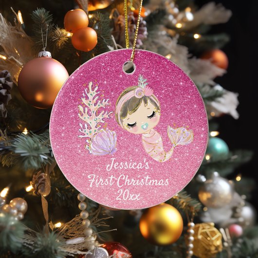 Baby Zeemeermin Eerste Kerstmis Glitter roze Keramisch Ornament