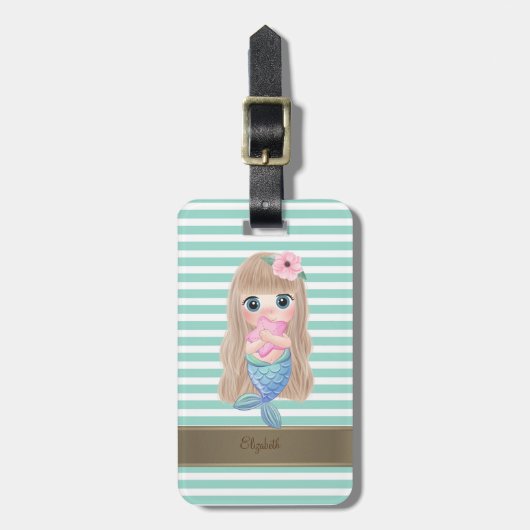 Baby Zeemeermin Mint Witte Strepen Bagagelabel (Voorkant verticaal)