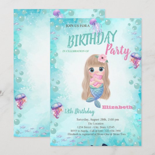 Baby Zeemeermin Zomer Verjaardagsfeestuitnodiging Kaart (Voorkant / Achterkant)