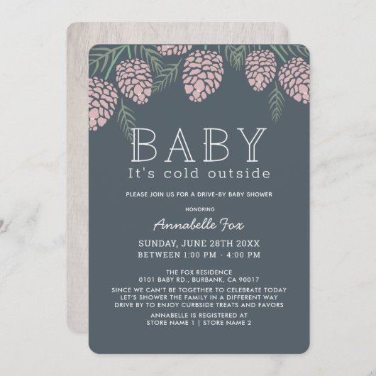 Baby zijn Cold Pine Cone Navy Drive-by Baby shower Kaart (Voorkant / Achterkant)