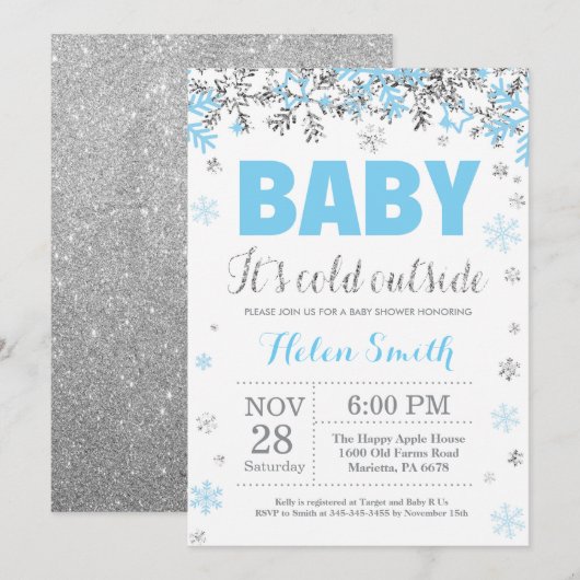 Baby zijn koude Baby shower buiten Blue Silver Boy Kaart (Voorkant / Achterkant)